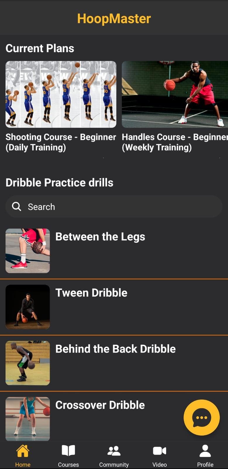 Hoop Master home dashboard showing enrolled courses and active drills