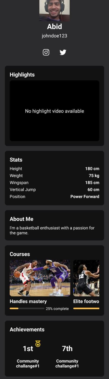 Player profile screen showing personal metrics, badges and recent activity