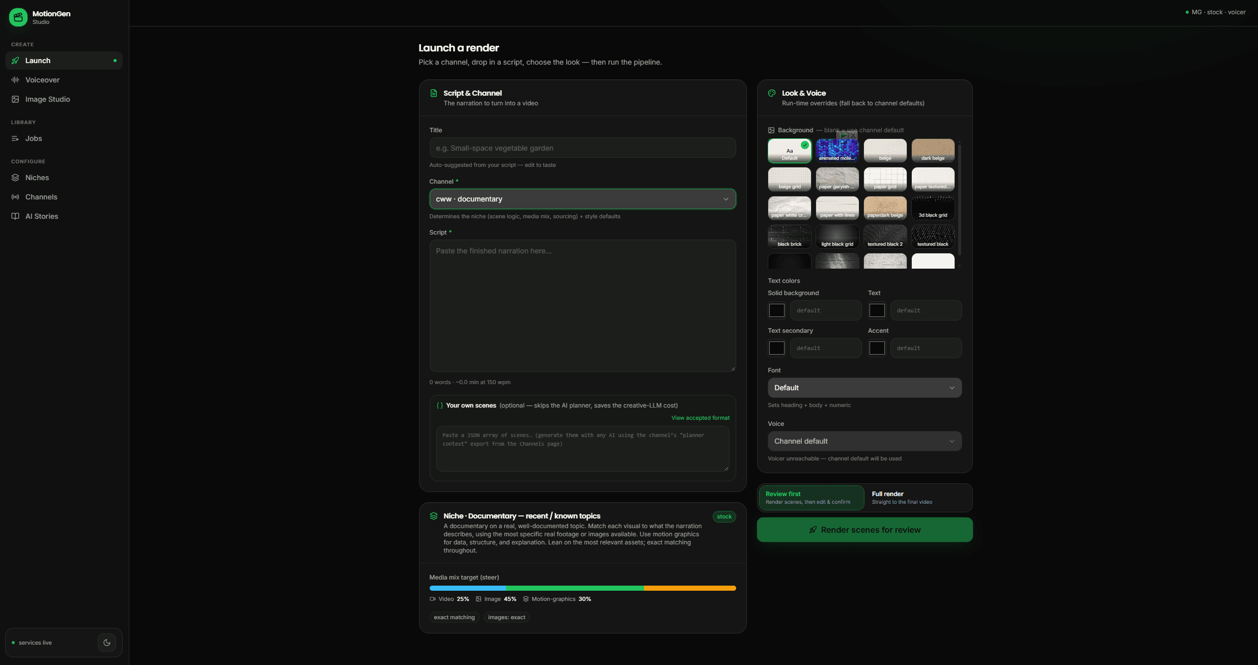 MotionGen AI launch screen: script and channel on the left, look and voice settings on the right, and a choice between reviewing scenes first or rendering straight through
