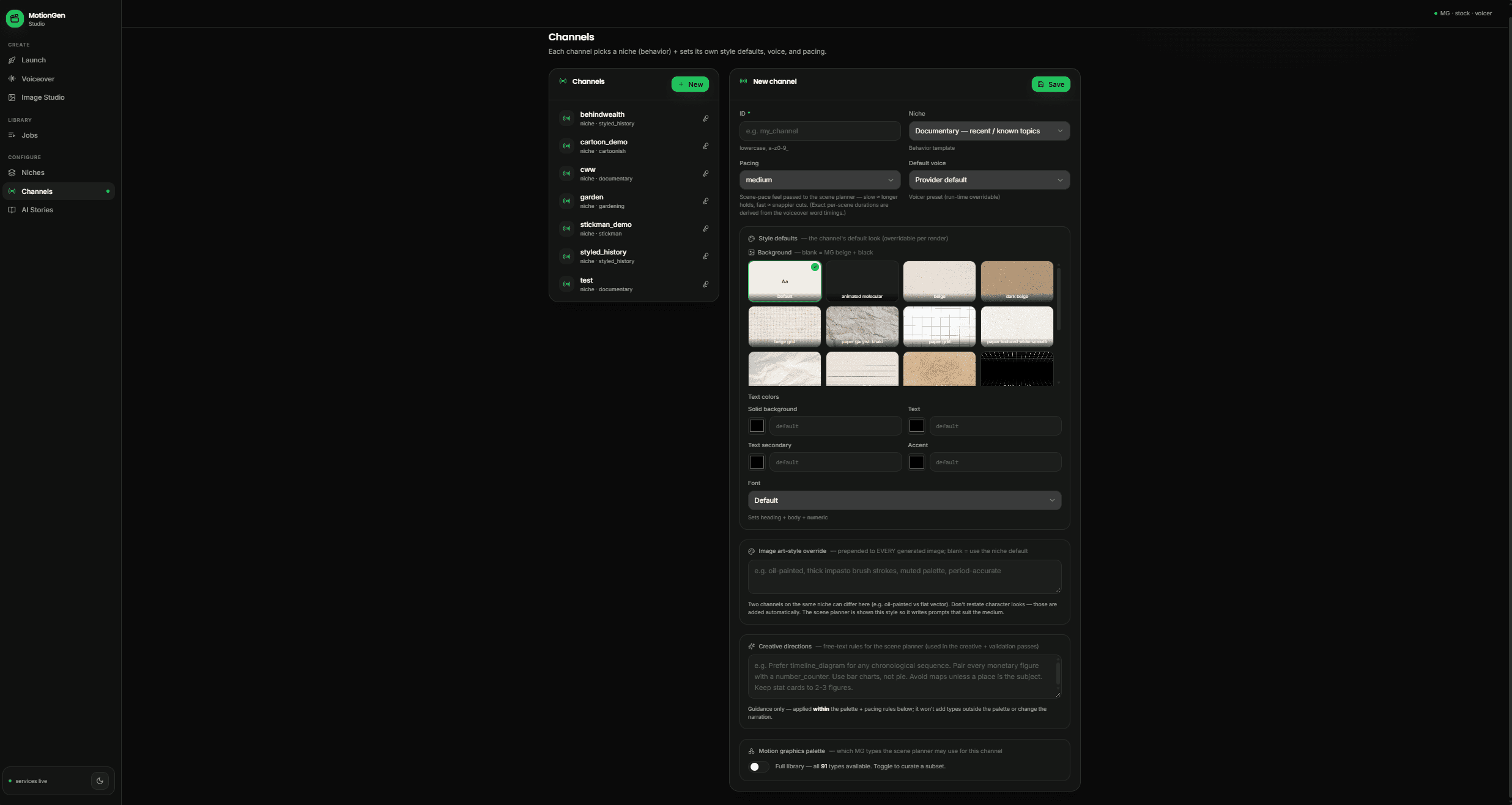 Channels screen: each channel picks a niche and sets its own style defaults, voice and pacing